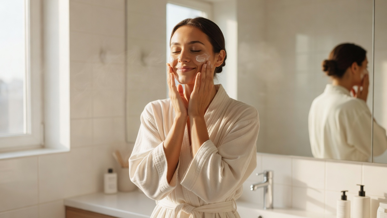 Femme calme en robe de chambre dans une salle de bain lumineuse, mains doucement posees sur les joues, comme pour verifier le confort de la peau apres le nettoyage.