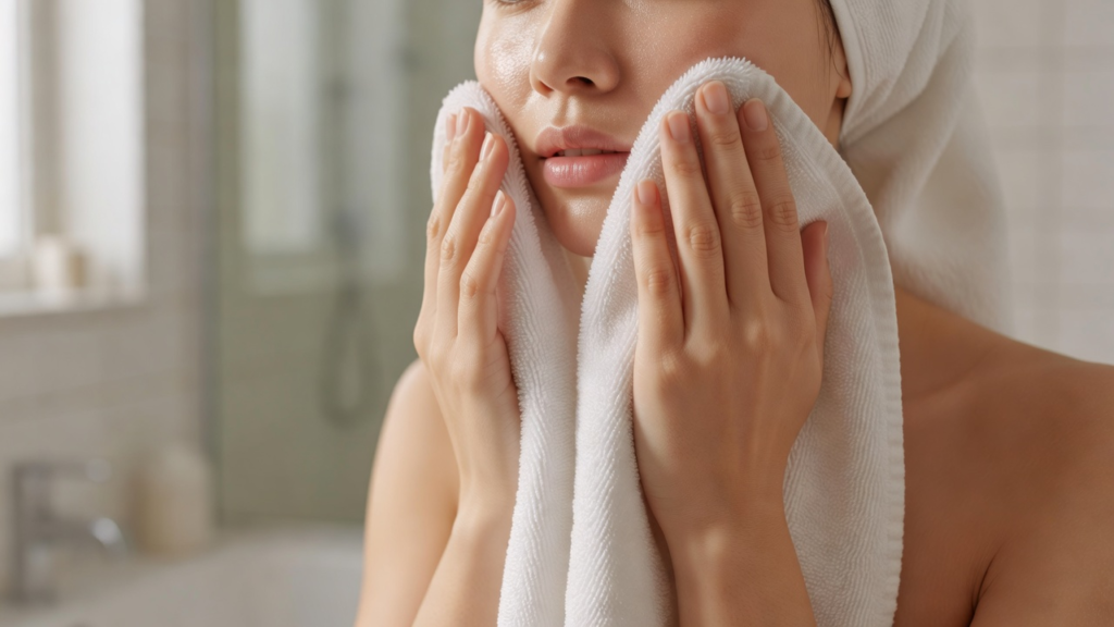 Mains tamponnant doucement les joues avec une serviette de coton propre, geste de sechage en douceur apres un lavage du visage.