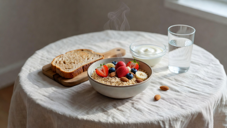 Bol de flocons d'avoine aux fruits et tartine de pain complet sur une table de cuisine lumineuse