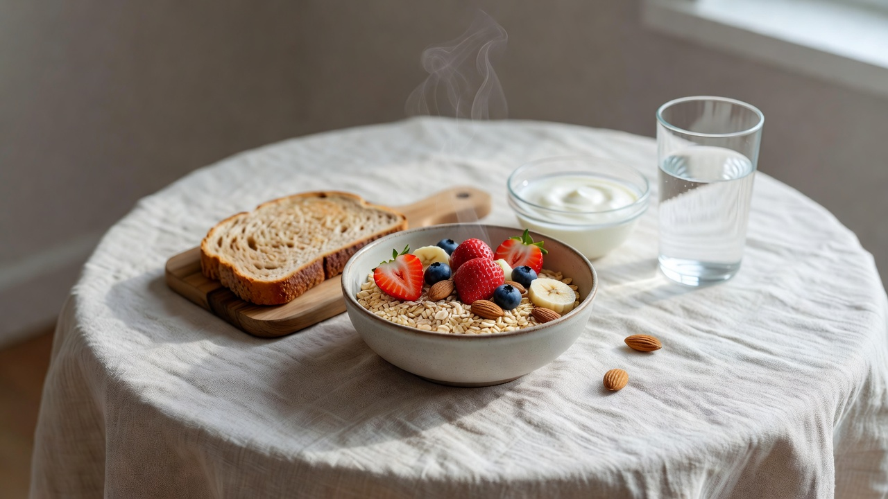 Bol de flocons d'avoine aux fruits et tartine de pain complet sur une table de cuisine lumineuse