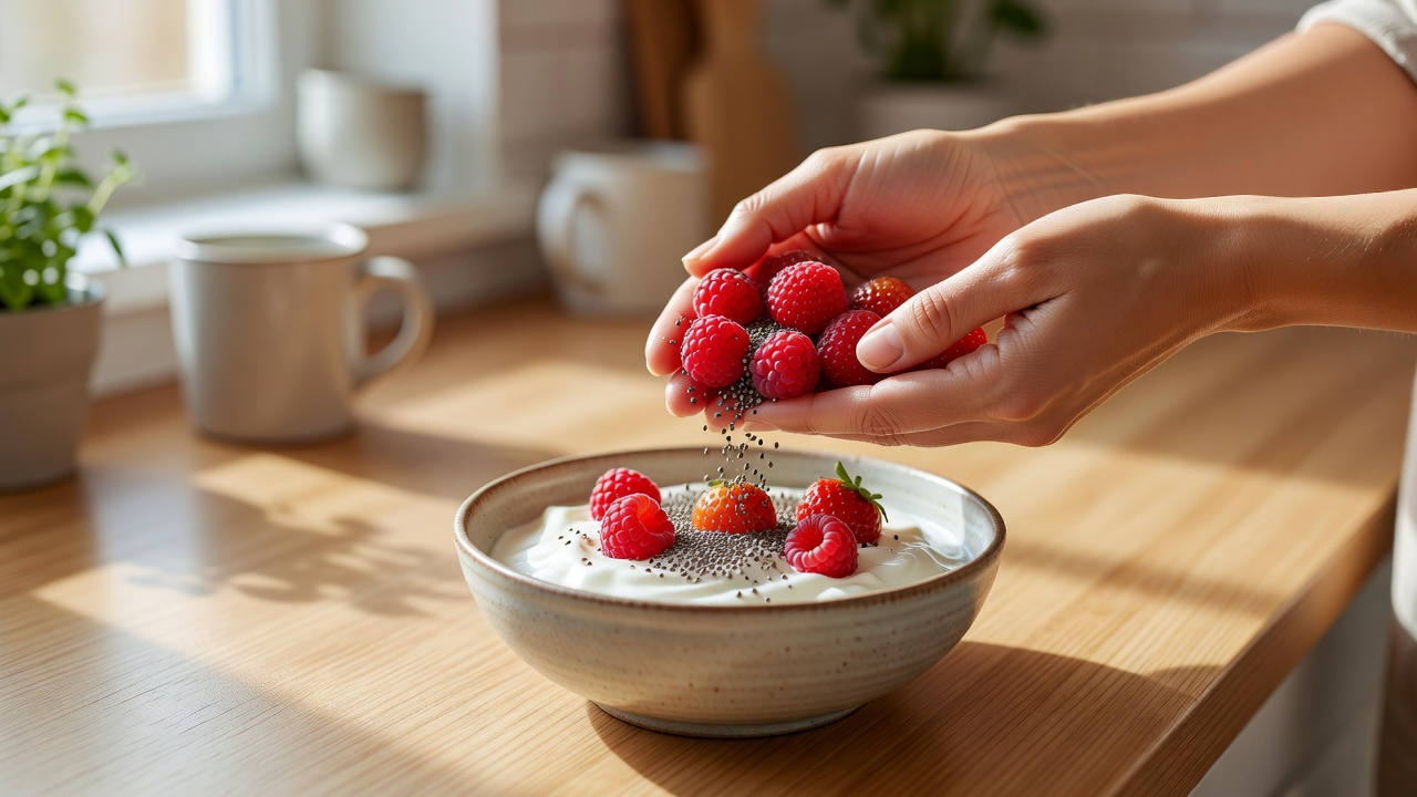 Mains ajoutant des graines de chia et des fruits rouges dans un bol de yaourt grec