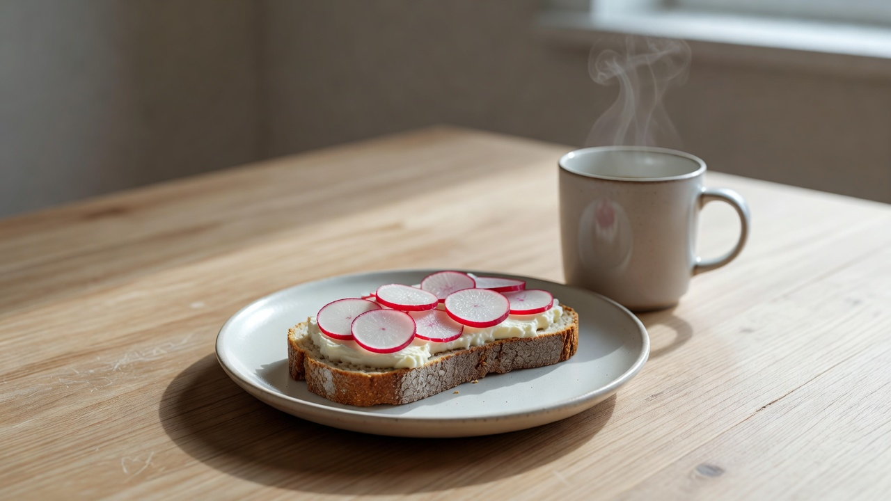 Tartine de pain complet au fromage frais et radis sur une table claire, tasse fumée à côté, lumière du matin