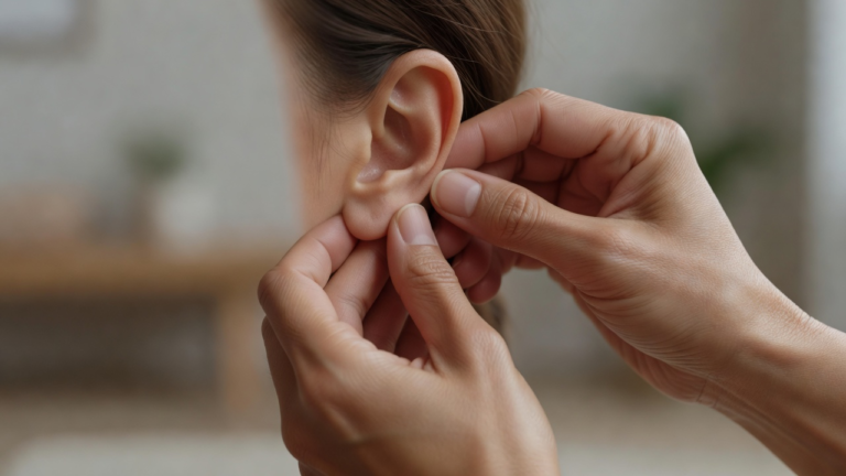 Pressions douces des doigts sur le pavillon de l'oreille lors d'une pratique de réflexologie auriculaire