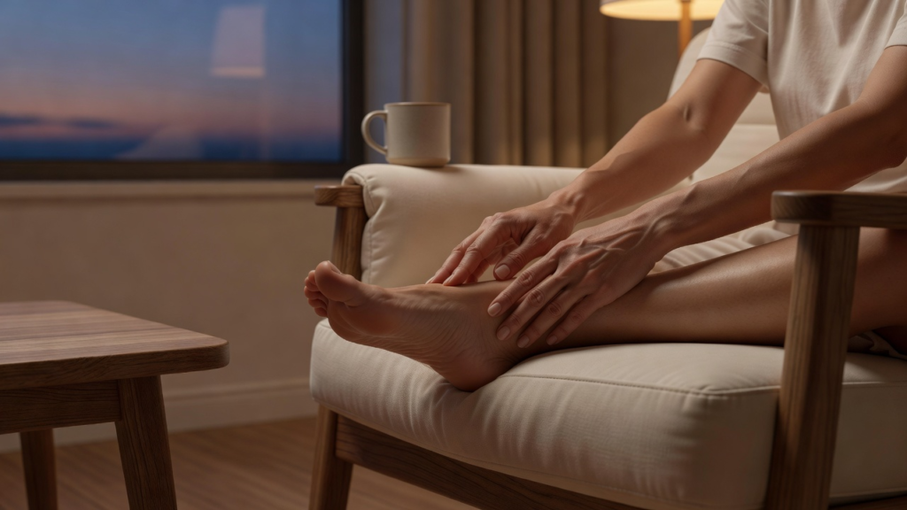 Mains qui massent doucement la plante d'un pied dans la lumière du soir, geste lent et apaisant