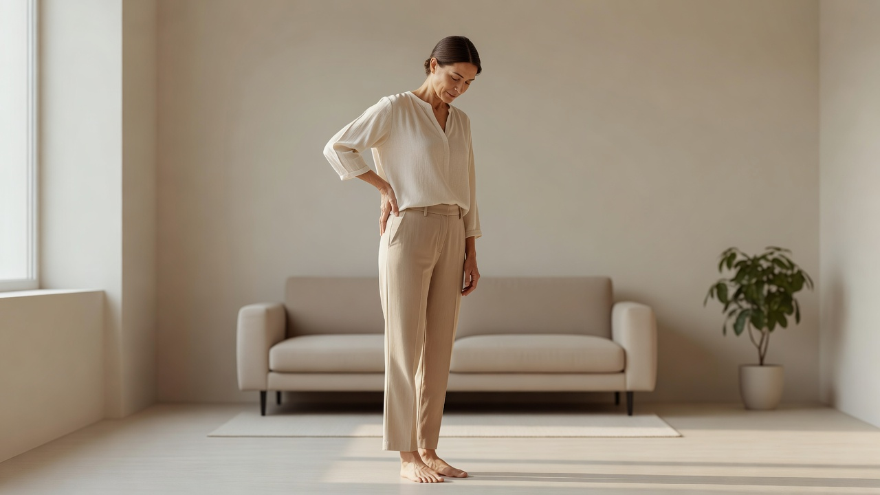 Personne debout qui pose doucement la main sur son bas du dos en s'étirant dans un intérieur clair