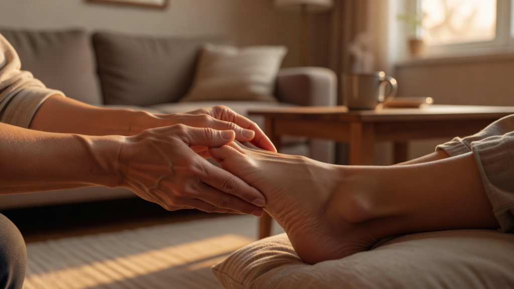Gestes doux de pression sur la plante du pied lors d'un moment de détente le soir