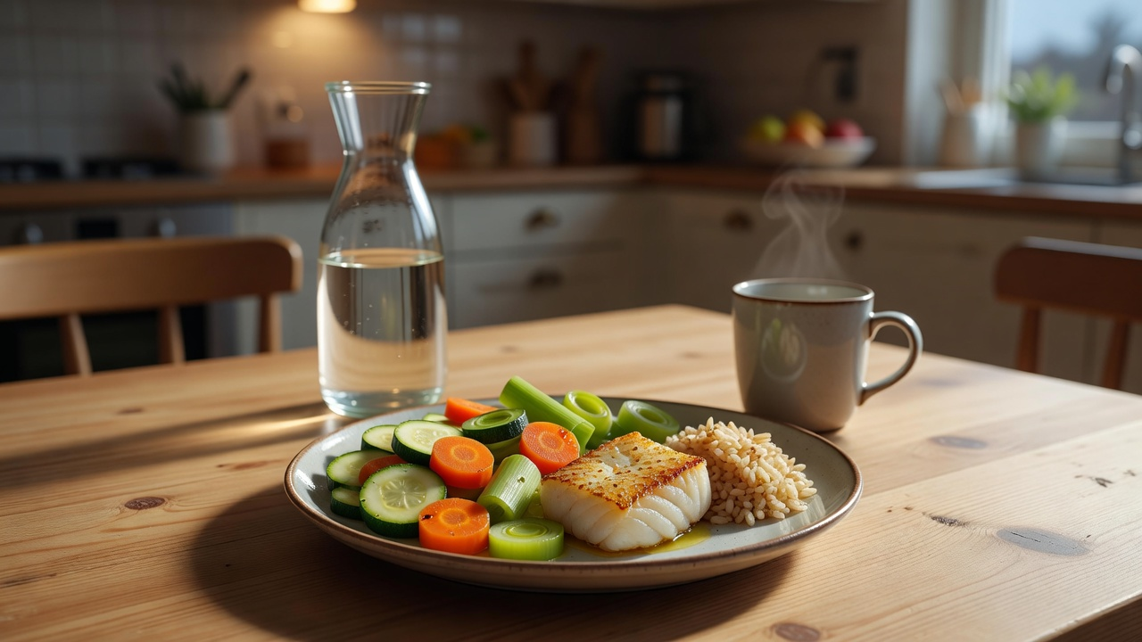 Assiette de repas du soir équilibré avec légumes cuits, poisson et riz sur une table lumineuse