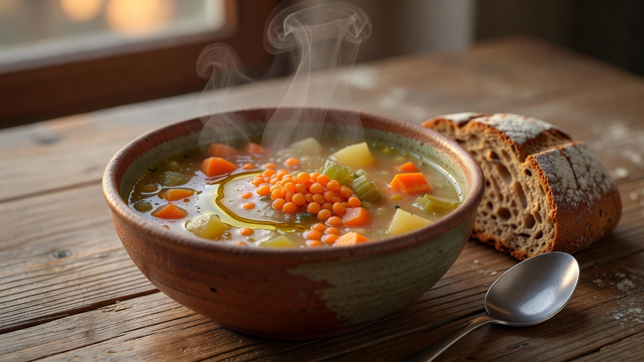 Soupe du soir aux lentilles corail servie dans un bol, accompagnée de pain complet
