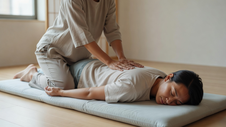 Séance de shiatsu en intérieur : pression lente des deux mains sur le haut du dos d'une personne habillée allongée sur un futon
