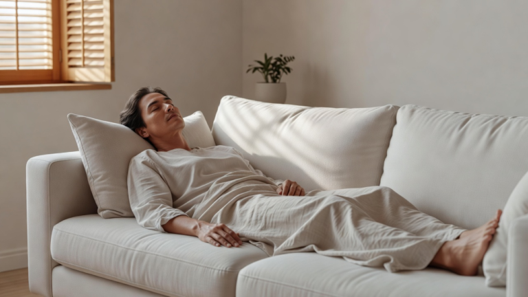 Personne allongée sur un canapé clair, les yeux fermés, pour une courte pause en début d'après-midi