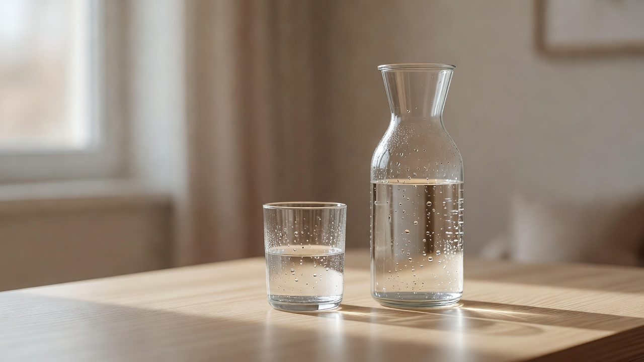 Une carafe d'eau et un verre posés sur une table en bois près d'une fenêtre, symbole d'une bonne hydratation quotidienne.