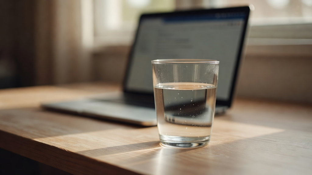 Un verre d'eau à moitié bu sur un bureau, rappel des verres oubliés dans une journée chargée.