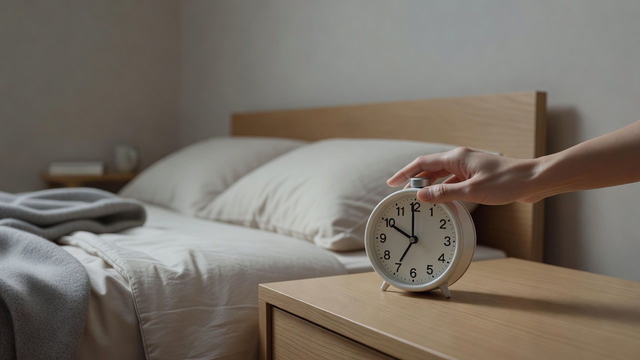 Main posée sur un réveil de chevet dans la lumière douce d'un matin d'aube