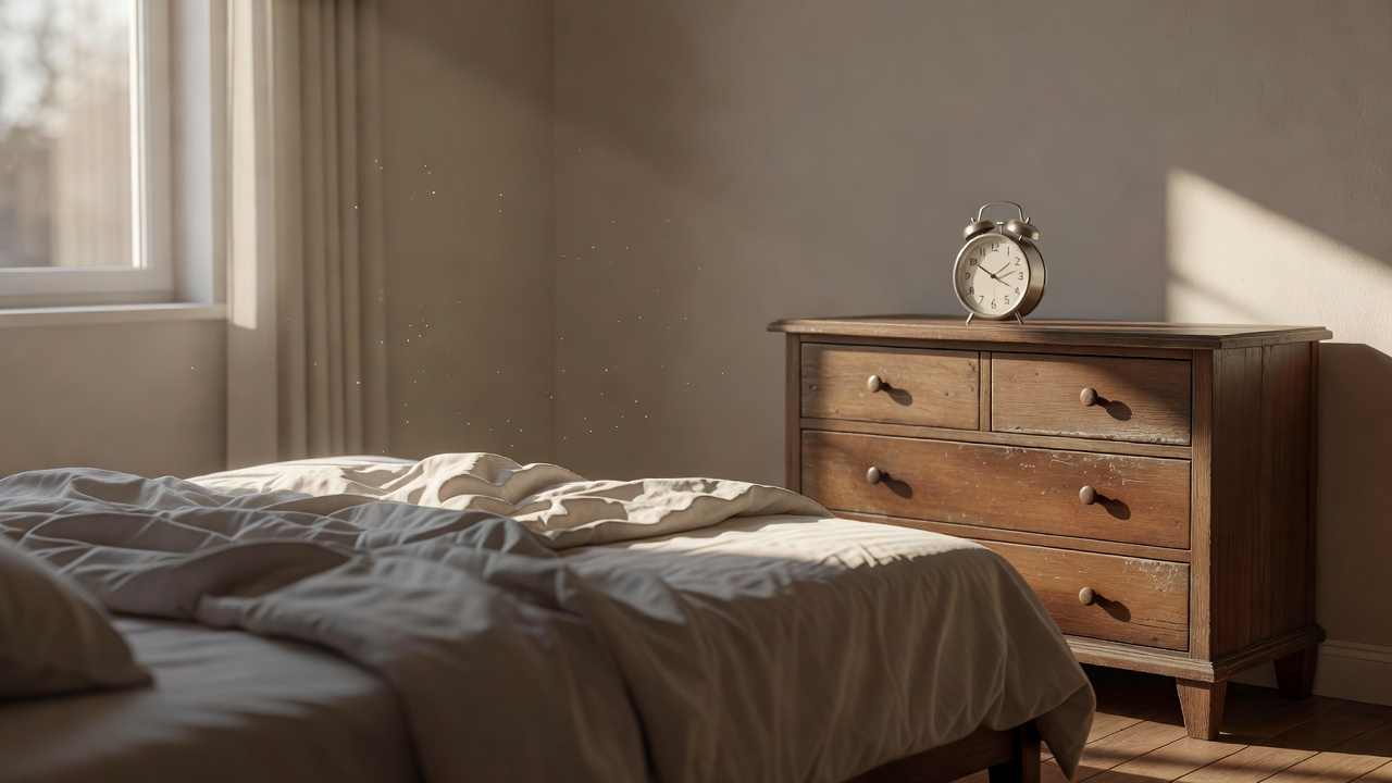 Réveil analogique posé sur une commode loin du lit, dans une chambre baignée de lumière du matin