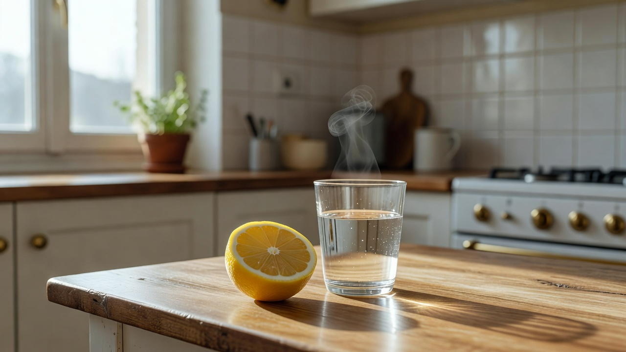 Un demi-citron pressé au-dessus d'un verre d'eau claire sur une table de cuisine lumineuse