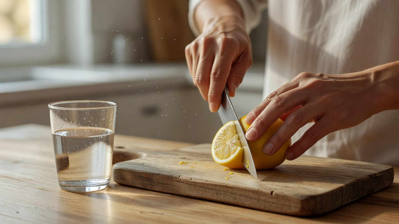 Un grand verre d'eau citronnée posé sur une table de cuisine en bois au lever du jour