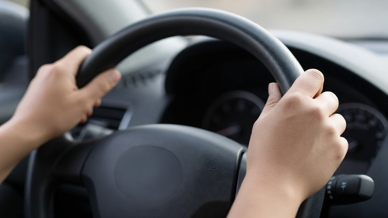 Deux mains posées sur un volant, sans marque lisible.