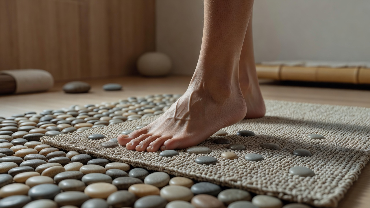Pied nu posé sur un tapis de massage plantaire à reliefs dans un intérieur lumineux