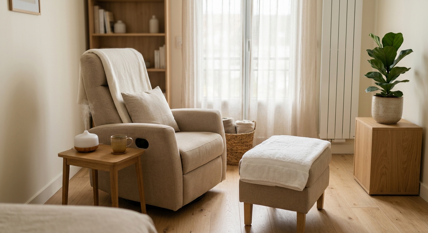Fauteuil de relaxation et serviette blanche preparés pour une séance de réflexologie plantaire dans un cabinet épuré