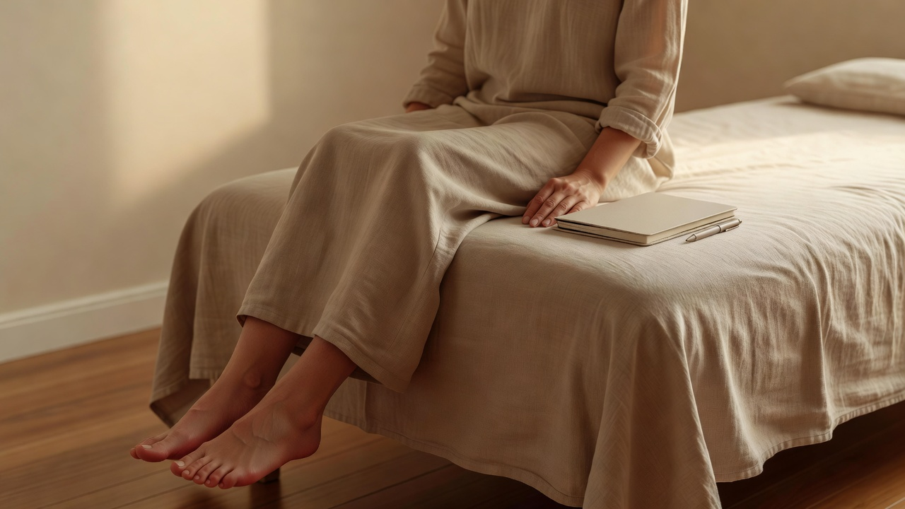 Personne assise dans un intérieur chaleureux, lumière douce, moment de pause après une séance
