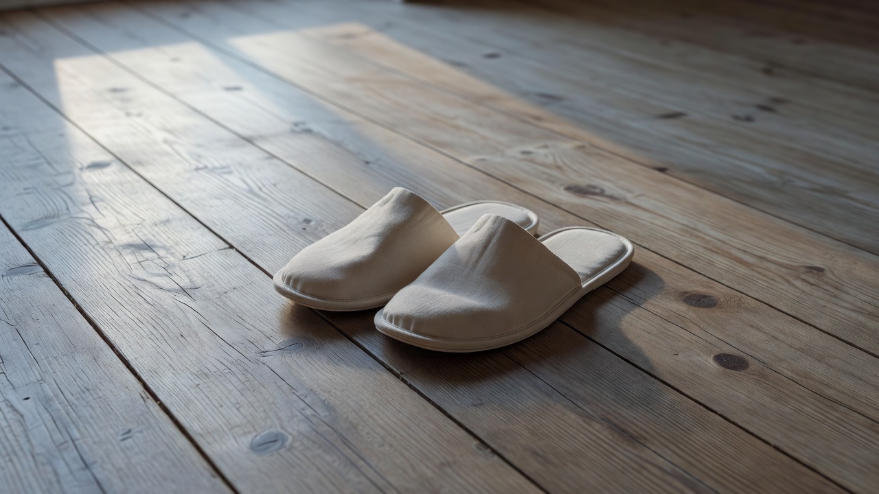 Chaussons sur le parquet, lumière du matin.