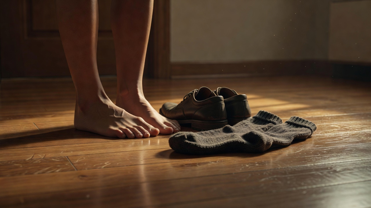Pieds nus juste sortis des chaussures, sur un parquet, chaussettes posées à côté.