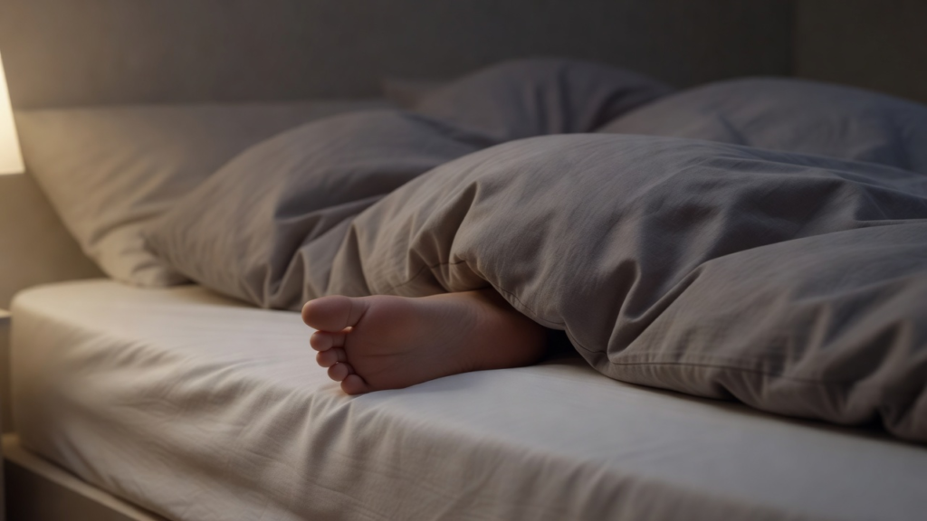 Un seul pied nu hors d'une couette grise, l'autre caché.