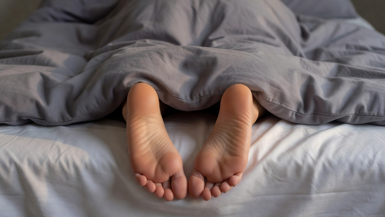 Deux pieds nus qui dépassent d'une couette grise, sans visage.