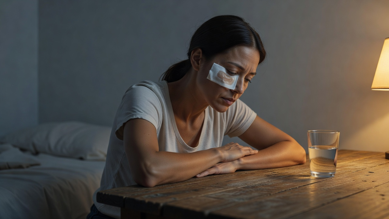 Geste compétent sur la zone sensible du visage, miroir en arrière-plan