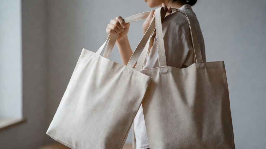 Deux sacs toile sans marque, un de chaque côté, tenus par la même personne.