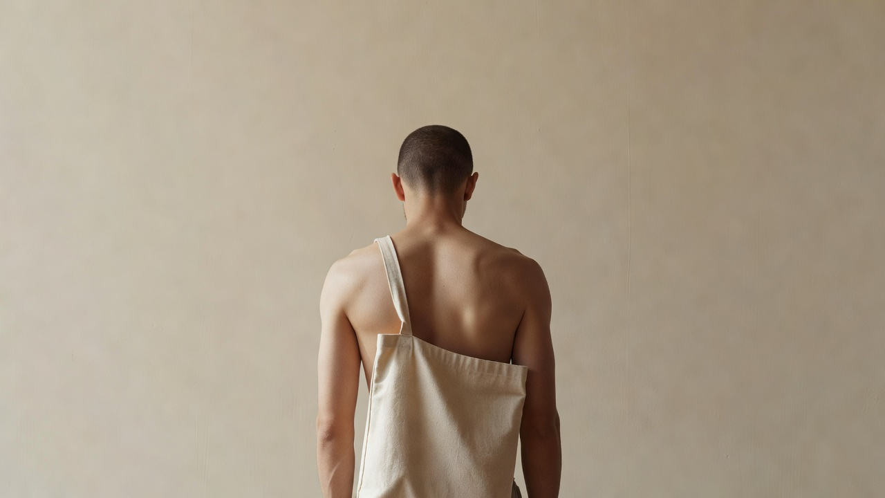 Personne de dos, sac toile sans marque sur une seule épaule, mur nu.