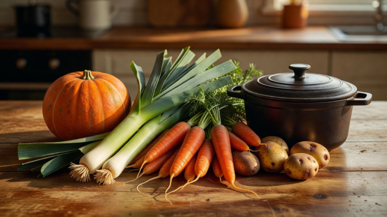 Potimarron, poireaux, carottes et pommes de terre posés près d'une marmite, prêts pour la soupe d'automne
