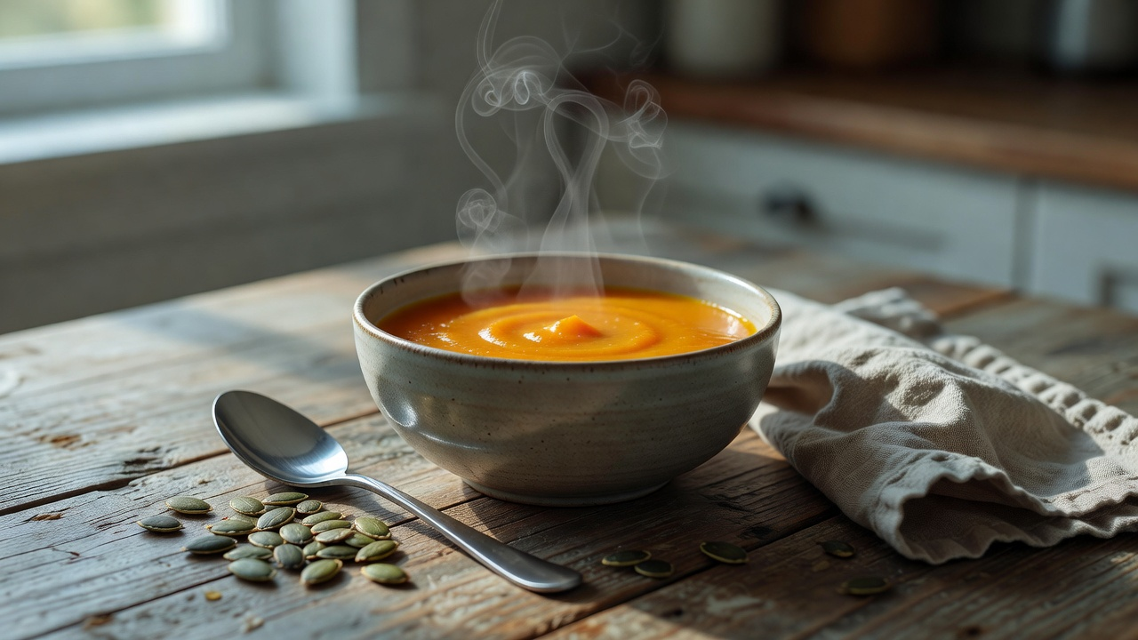 Bol fumant de soupe de courge avec graines torréfiées sur une table de cuisine